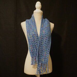 Blue Hand Knitted Scarf with Accent Colors and Fringe